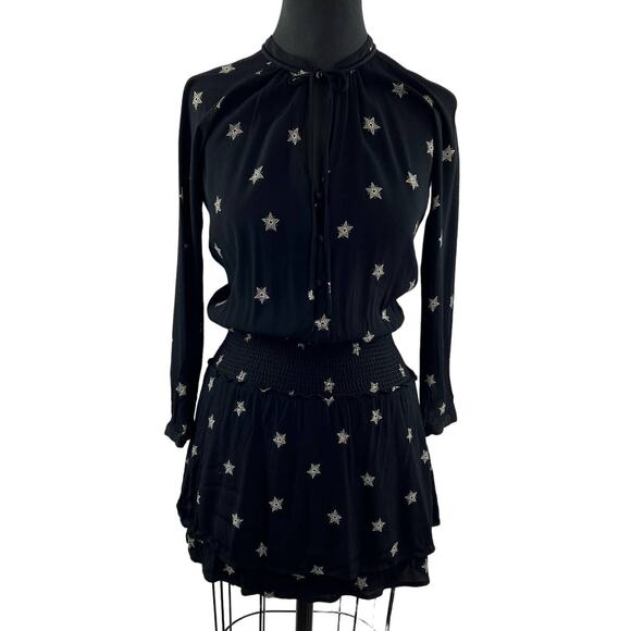 RAILS Jasmine Dress Black Rivet Star Print Smocked Waist Tie Neck Long Sleeve XS - Picture 1 of 8
